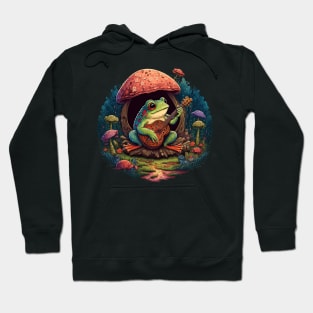 Cottagecore aesthetic cute frog playing ukelele on Mushroom Hoodie